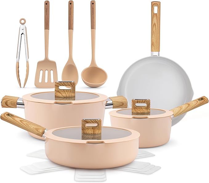 NutriChef 14-Piece Non-Stick Ceramic Cookware Set - Induction Safe Pots and Pans with Glass Lids, Cool-Touch Handles, Even Heat Distribution, Dishwasher Safe, Includes Ladle, Tong, Spatula (Pink)