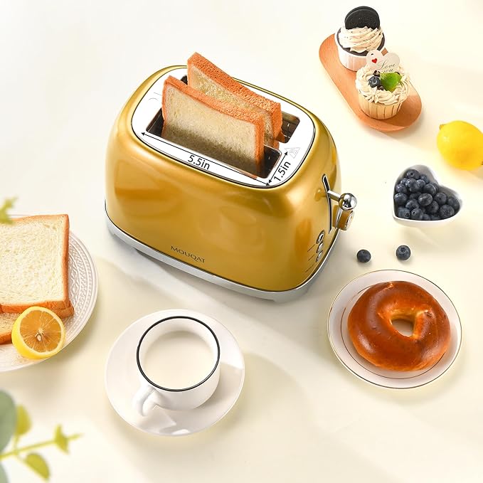 Gold 2 Slice Toaster, Wide Slot Stainless Steel, 6 Shade Settings, Bagel, Defrost & Cancel Functions, Removable Crumb Tray, Different Toast Sizes, Cord Wrap, 825w