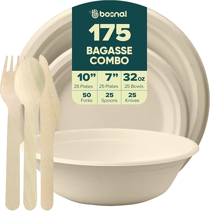 BOSNAL 10 inch & 7 inch Round Plates with 32 oz Bowls & Cutlery – 100% Plant-Based Sugarcane Bagasse, Eco-Friendly Disposable Dinnerware for Hot & Cold Meals, Microwave Safe, Durable & Compostable