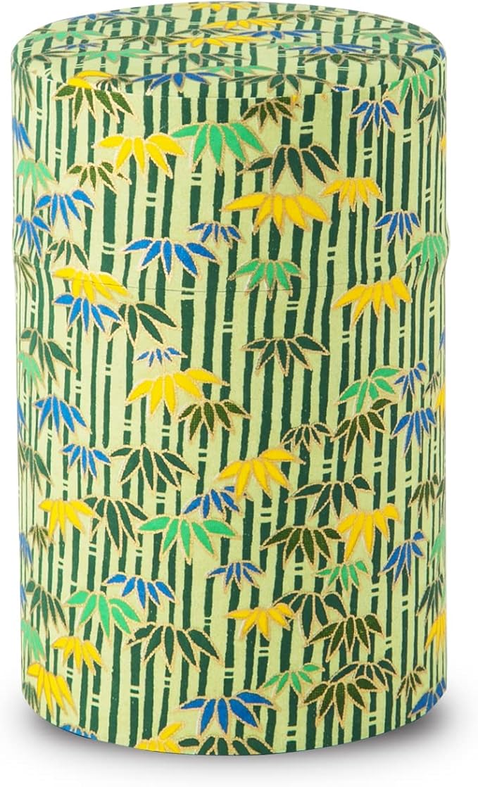 NOREN Japanese Tea Canister Tin (Yuzen Washi Paper), 3.5oz Size Made in JAPAN with Includes Inner Lid of Airtight Damp-Proof/Kitchen Jar for Loose Leaf Coffee Tea Spice and More (Bamboo/Green)