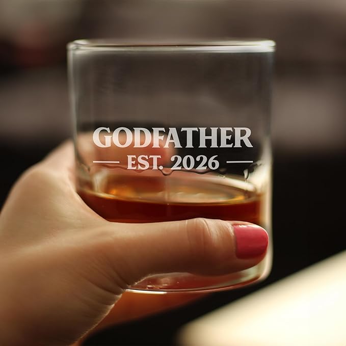 Bevvee Godfather Est 2026 Whiskey Rocks Glass - New Godfather Proposal Gift for First Time Godparents - Set of 4 - Bold 10.25 oz