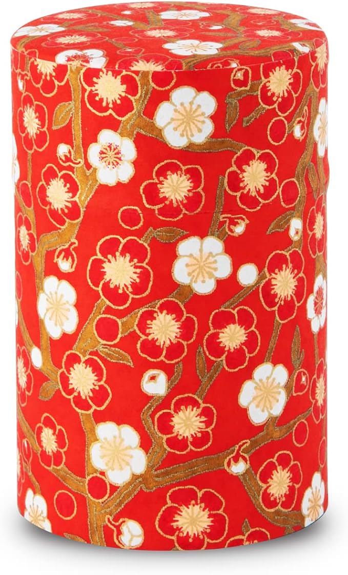 NOREN Japanese Tea Canister Tin (Yuzen Washi Paper), 3.5oz Size Made in JAPAN with Includes Inner Lid of Airtight Damp-Proof/Kitchen Jar for Loose Leaf Coffee Tea Spice and More (Plum/Red)