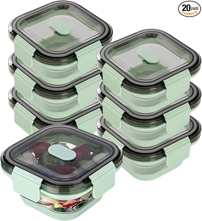 Restaurantware-Fresh Hero 17 Ounce Storage Containers, 20 Durable Airtight Food Containers - Microwavable, Freezable, Green Plastic Collapsible Container, Dishwashable, With Vented Lids