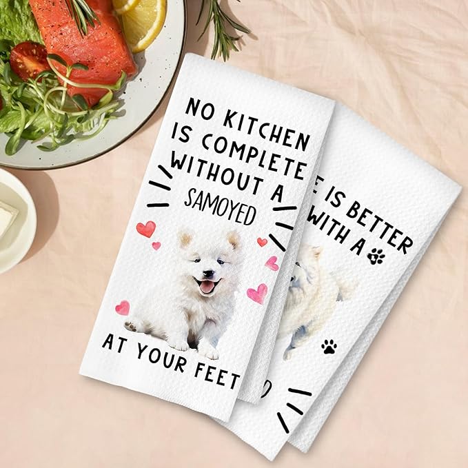 Samoyed Gifts Kitchen Towels, Samoyed Dog Dish Tea Towels for Kitchen Decor, Dog Lover Mom Dad Gifts Decorative Hand Towel, 16x24 Inches Set of 2