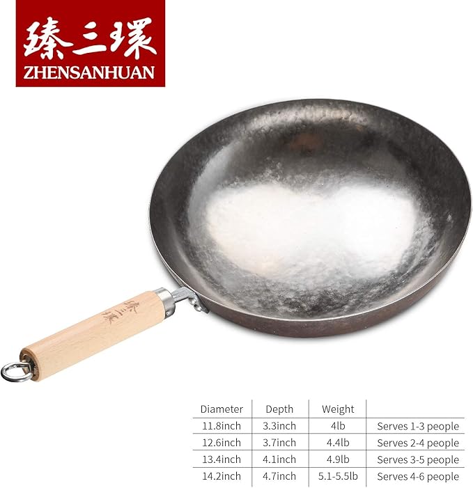臻三环 ZhenSanHuan Chinese Hand Hammered Iron Pow Woks and Stir Fry Pans Wooden Handle (Silver-NOT Seasoned 32cm)