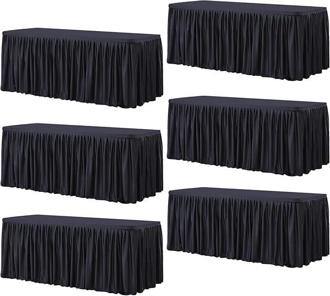 Wish Care 6 Pack Black Rectangle Table Clothes for 8 Foot Tables, Polyester Fitted Tablecloths 8ft Stretch Table Cover for Wedding, Birthday, Parties, Trade Show, Craft Show