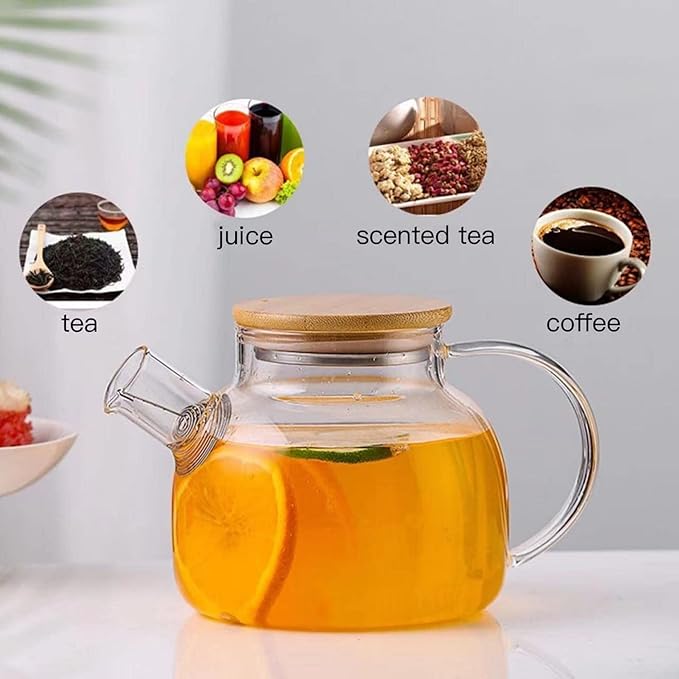 Glass Tea Pot Kettles Stovetop Safe, 33.8oz/1000ml Heatproof Borosilicate Glass Teapot Water Pitcher With Bamboo Lid and Removable Filter Spout for Loose Leaf and Blooming Tea