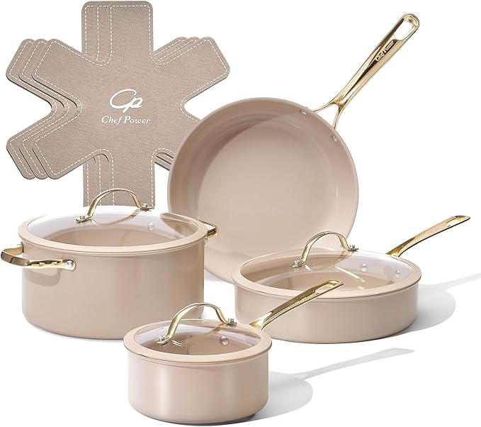 Chef Power Ceramic Cookware Sets, 10Pcs Pots and Pans Set Non Stick, Cookware Set with Stainless Steel Handle, Dishwasher & Oven Safe, Taupe and Light Gold Handle