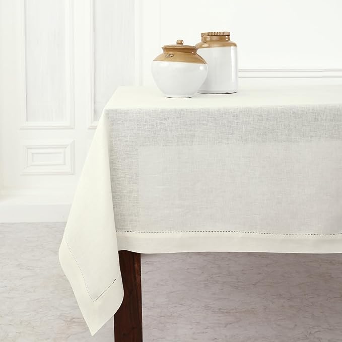 Solino Home Linen Tablecloth 60 x 132 Inch - Classic Hemstitch 100% Pure Linen Ivory Table Cloth for Rectangle Tables - Machine Washable Tablecloth for Spring, Easter