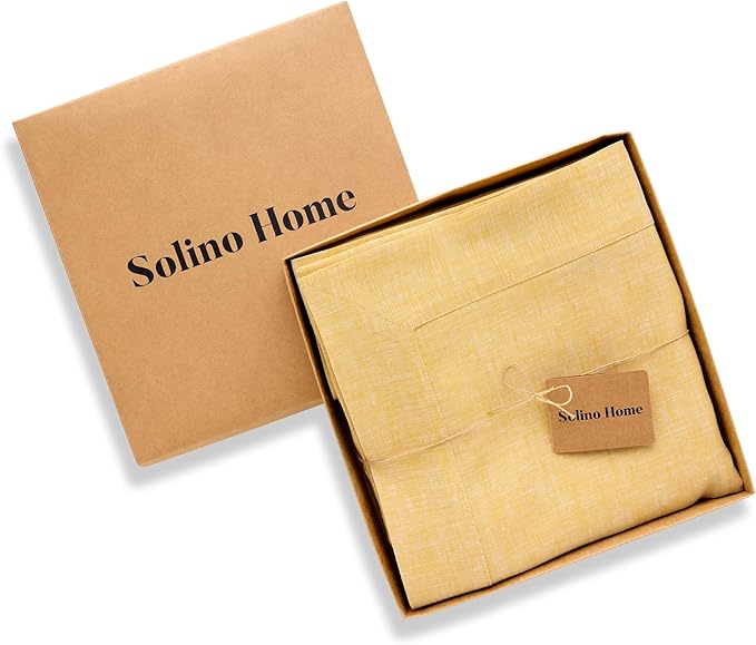 Solino Home Linen Tablecloth 60 x 108 Inch - 100% Pure Linen Chambray Mustard Yellow Table Cloth for Rectangular Tables - Athena, Machine Washable Cloth Tablecloth for Spring, Easter