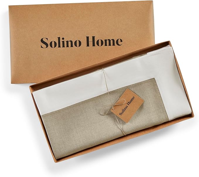 Solino Home Linen Tablecloth 52 x 52 Inch - 100% Pure Linen White and Natural Square Tablecloth - Contempo, Machine Washable Table Throw for Spring, Winter