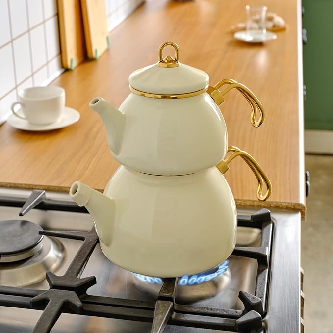 Karaca Retro Teapot Set Cream, Enamel, Teapot/Lid (1.1 lt, 2.4 lb), Tea Kettle (2.3 lt, 5 lb), Titanium Coated Handles, Suitable for Induction