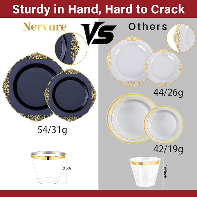 Nervure 350Pcs Blue Plastic Plates - Blue Gold Plastic Dinnerware Sets for 50 Guests - 100 Navy Gold Disposable Plates, 50 Pre Rolled Silverware, 50 Cups Perfect for Wedding & Party