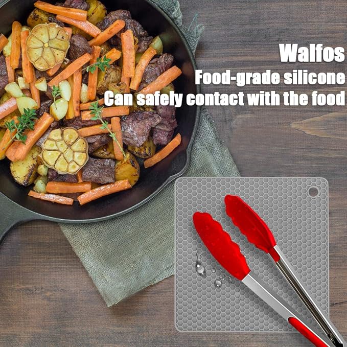 Walfos Silicone Trivet Mats - 4 Heat Resistant Pot Holders, Multipurpose Non-Slip Hot Pads for Kitchen Potholders, Hot Dishers, Jar Opener, Spoon Holder, Food Grade Silicone & BPA Free (Square)