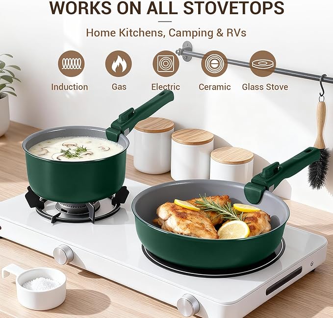 Ammeloo 18-Piece Ceramic Pots and Pans Set Non Stick, Non Toxic Cookware Set with Removable Handles, Pot Sets for Cooking, Induction Ready, Dishwasher & Oven Safe, PFAS PFOA & PTFE Free