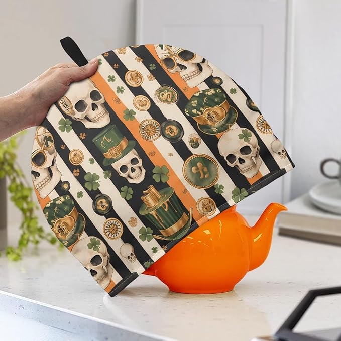 Human Skull Tea Cozies Soft Tea Cozy for Teapot Insulated for Women,Dust Proof Green Top Hat Gold Coin Teapot Insulation Cover Breakfast Warmer