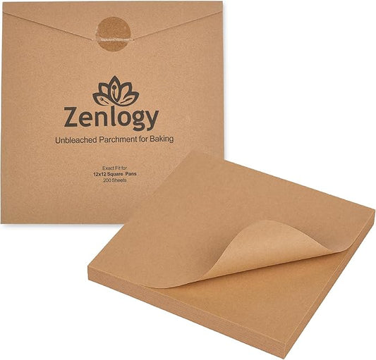 Zenlogy 12x12 Parchment Paper Squares (200 Sheets), Unbleached, High Heat, Non-stick, Pre-cut Baking Paper for Dehydrator, Ninja Foodi Flip Air Fryer, Toaster Oven, and so much more.