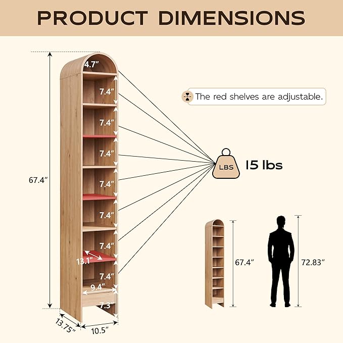 67" Tall Arched Bookshelf, 8 Tiers Arch Bookcase with Storage, Modern Farmhouse Book Shelf with Adjustable Shelves, Wood Bookshelf w/Open Display Shelves for Living Room, Office (Natural)