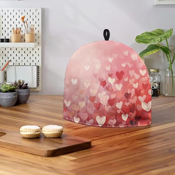 Tea Cozy for Teapots with Handle - Valentine's Day Heart Print Oil Painting Style Dust Insulated Cover, Hanging Fold-Up Design, Suitable for Kitchen and Living Room Table Decoration