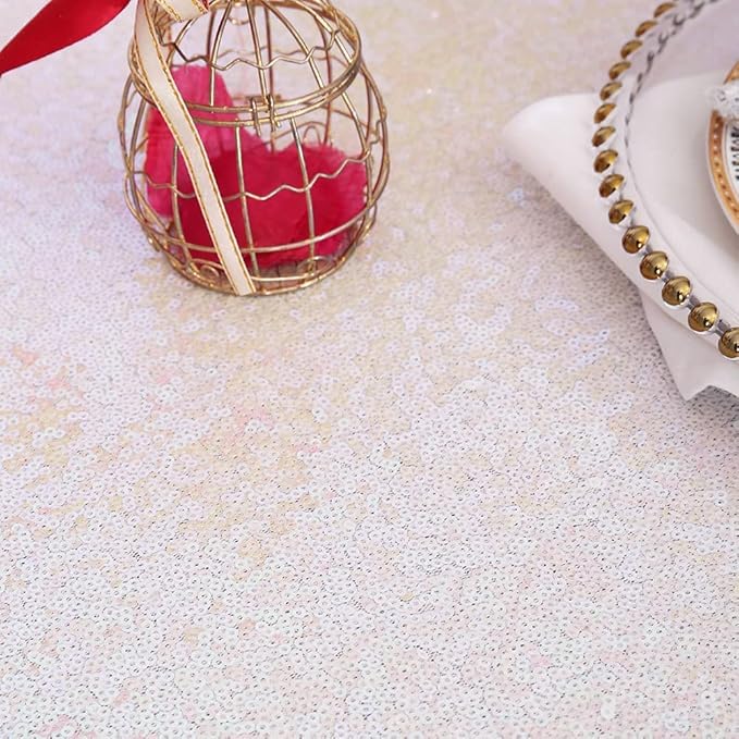 Eternal Beauty White Iridescent Tablecloth, 90x156 Inch Sequin Rectangle Table Cover for Cake Dessert Exhibition Party Birthday Events
