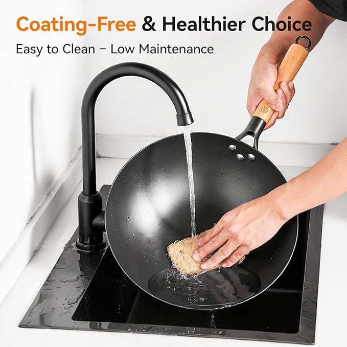 12.6" Carbon Steel Wok Pan, Flat Bottom Stir Fry Wok with Spiral Thread Interior, Coating‑Free Naturally Seasoning Wok, Compatible with Gas, Electric & Induction Cooktops
