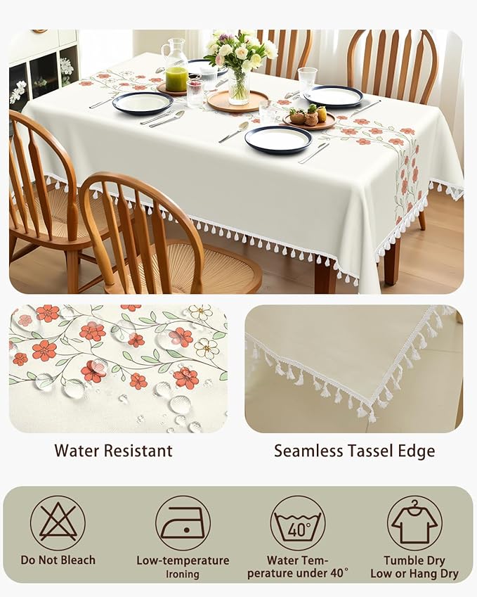 Boho Tablecloth Rectangle 60''x 102'', Linen Table Cloth with Tassels, Floral Farmhouse Table Cover with Red Flower for Dining, Kitchen, Party, Holiday