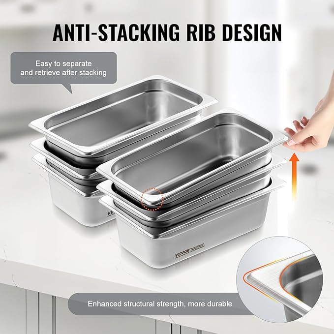 VEVOR 6-Pack Stainless Steel Hotel Pans - 1/3 Size 4-Inch Deep 0.8mm Thick Anti-Jam Commercial Food Pans for Steam Tables, Restaurants, Catering & Industrial Use