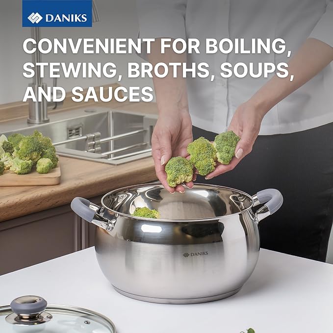 Daniks Modern 4 Quart Stainless Steel Stock Pot with Glass Lid, Tri-Ply Bottom for Even Heating, Induction Compatible, Dishwasher Safe, Heatproof Handles