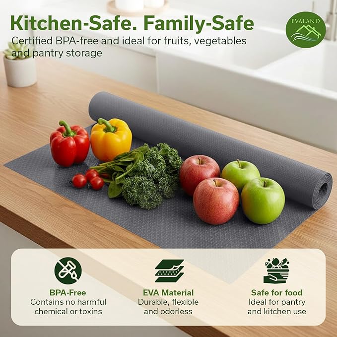 EVALAND Shelf Liners for Kitchen Cabinets Non-Adhesive 12" x 33 FT Gray Drawer Liner Non Slip, Washable Cabinet Liner, Waterproof Shelf Liners for Cabinets, Refrigerator Bathroom Pantry Cabinet Mat