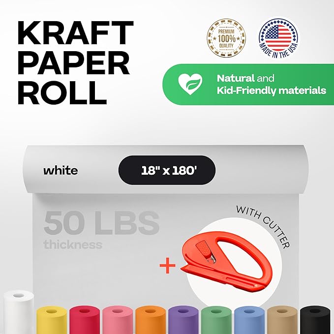 White Kraft Paper Roll 18" x 2160" (180 feet) with Cutter - USA-Made Wrapping Paper for Packing, Moving, Shipping & Crafts/Arts - 100% Recyclable Natural Craft Material by IDL Packaging