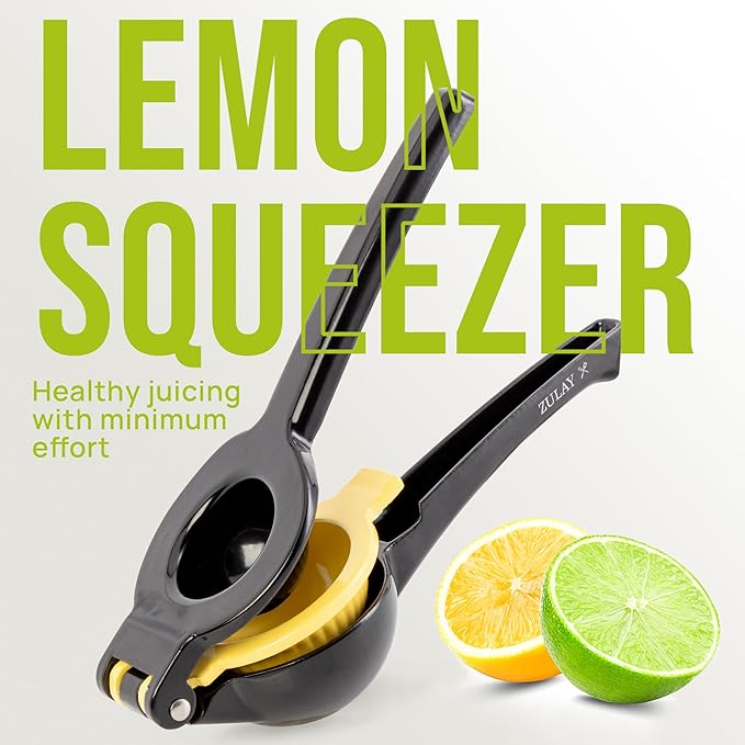 Zulay Kitchen Metal 2-in-1 Lemon Squeezer - Sturdy Max Extraction Hand Juicer Lemon Squeezer Gets Every Last Drop - Easy to Clean Manual Citrus Juicer - Easy-Use Lemon Juicer Squeezer - Black/Yellow