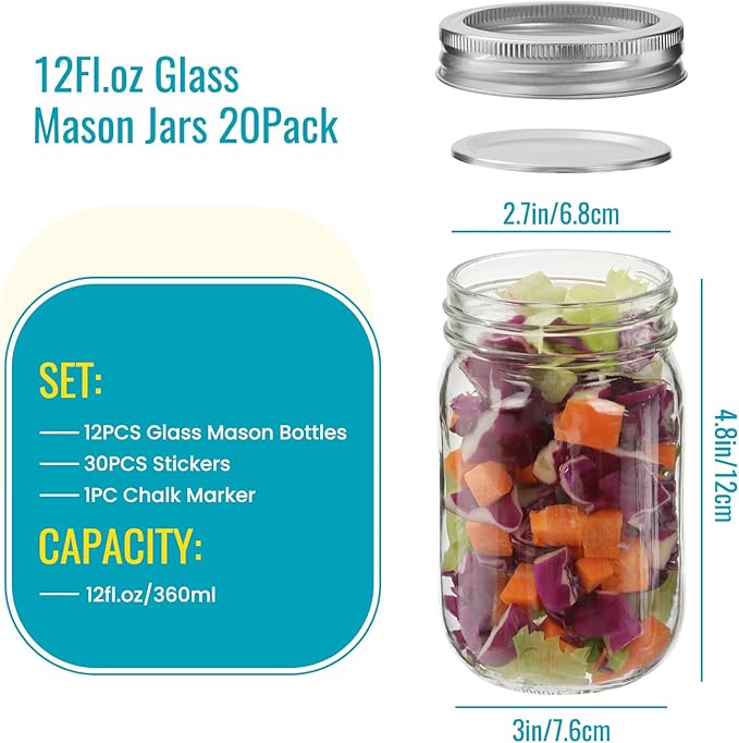 Haneye 12 oz Mason Jars with Lids 20 Pack - Regular Mouth Canning Jars, Clear Glass Jar for Spices, Dry Goods, Meal Prep, Crafts & Pantry Storage- Includes 30 Stickers & 1 Chalk Pen