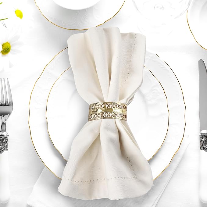 Urban Villa Cloth Napkins Ivory Hemstitch Dinner Napkins Set of 12 (20X20) 100% Cotton Absorbent Washable Durable Reusable Ideal for Hotel Collection Farmhouse Parties Restaurant Lunch Dinner Napkins