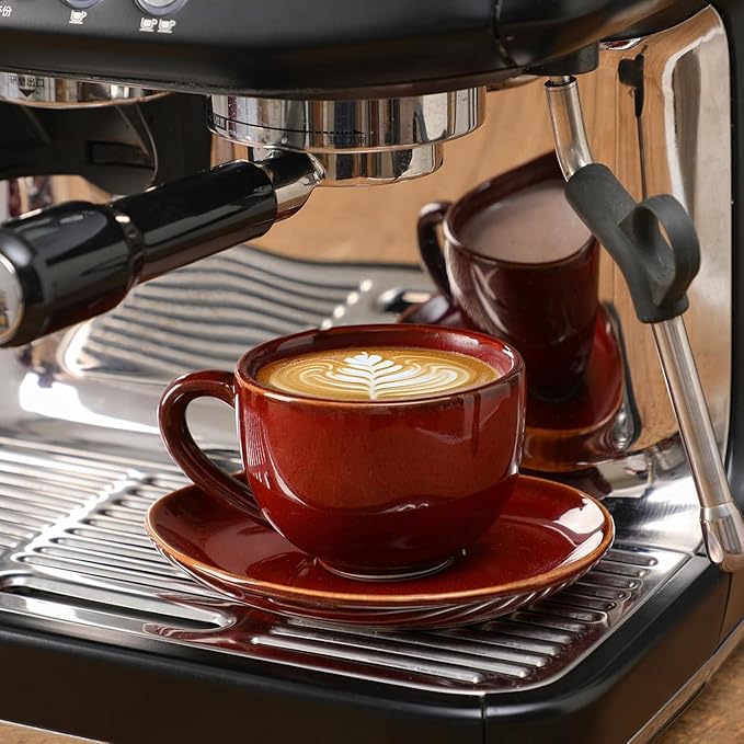 vicrays 6.5 oz Cappuccino Cups with Saucers, Set of 4, Ceramic Coffee Cup for Au Lait, Double shot, Latte, Cafe Mocha, Tea (Cherry Red)