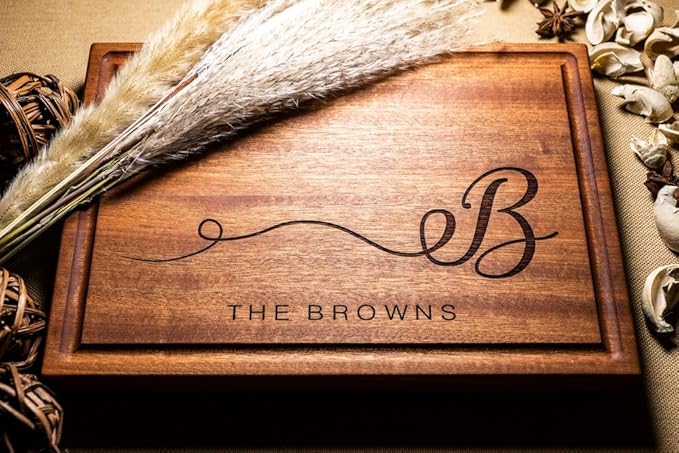 Personalized Cutting Board with Monogram - Custom Initial Engraved Charcuterie for Wedding Gifts 2026, Newlywed Housewarming, Anniversary, Engagement Wood Gift Family Name block (Monogram Initial 055)