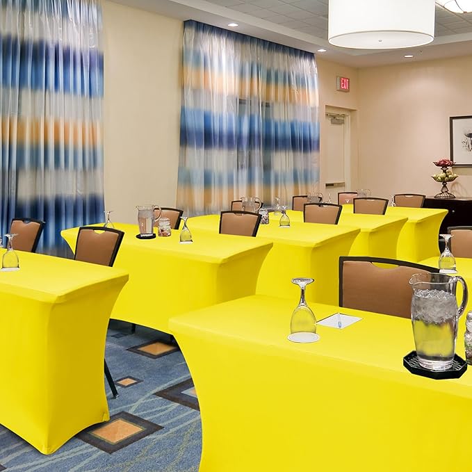 Fitted Stretch Table Cover for 6 Foot Rectangle Tables-8 Pack Yellow Spandex Tablecloth-Elastic Folding Tablecloths for Party, Vendor Booth Display, Banquet Buffet Event, Craft Trade Show