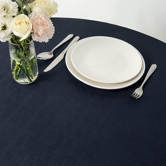 maxmill Round Linen Looking Textured Tablecloth Spill-Proof Wrinkle Free Soft Jacquard Table Cloth for Circular Table Cover, for Dining Room Buffet Banquet Parties Holiday Dinner, 70 Inch Navy Blue