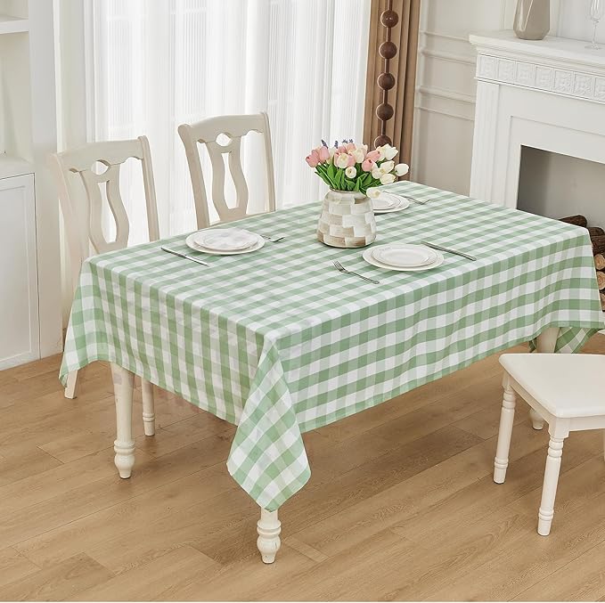 BALCONY & FALCON Rectangle Gingham Table Cloth – Water-Resistant Cotton Blend, Spill-Proof & Washable Checkered Tablecloth for Kitchen, Dining, Picnic, Party (Green White, 55x71 Inch)