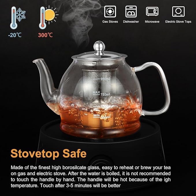 Glass Teapot, 33oz / 1000ml Teapot with Removable Infuser, Clear Tea Pot for Loose Leaf Tea and Blooming Tea, Stovetop Safe Glass Tea Kettle with Scale Line and Tea Brewer Guide