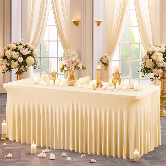 2 Packs Champagne Spandex Table Clothes for 6 Foot Rectangle Table, Spandex Table Covers 6FT Stretch Table Skirts Wrinkle Free Fitted Table Cloth for Event, Wedding, Banquet & Parties