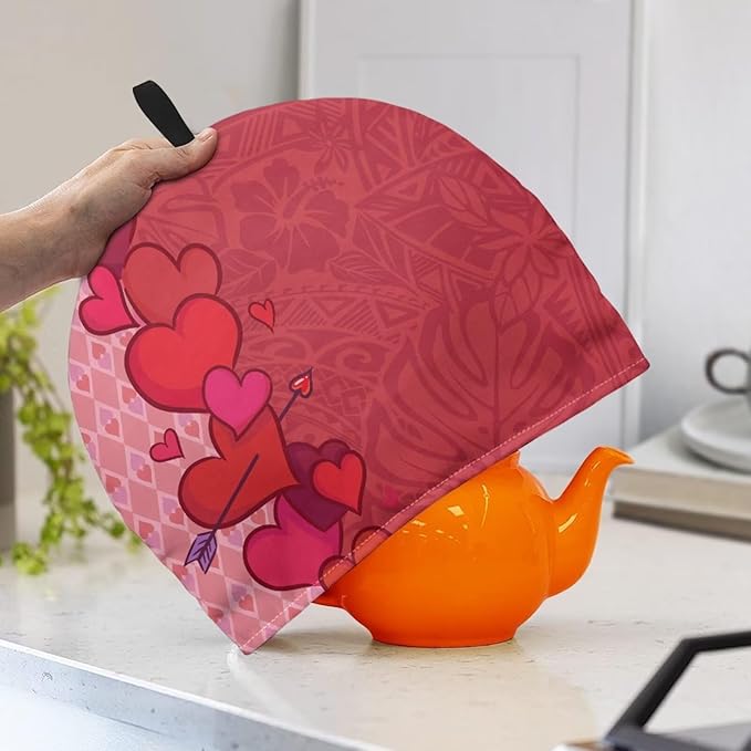 Tea Cozy for Teapots with Handle - Valentine's Day Heart and Tropical Print Dust Insulated Cover, Hanging Fold-Up Design, Suitable for Kitchen and Living Room Table Decoration