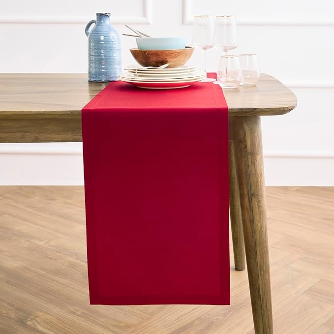 Solino Home Scarlet Red Table Runner 108 Inches Long - Dru Cotton Linen Dining Table Runner 14 x 108 Inch for Valentines - Handcrafted and Machine Washable