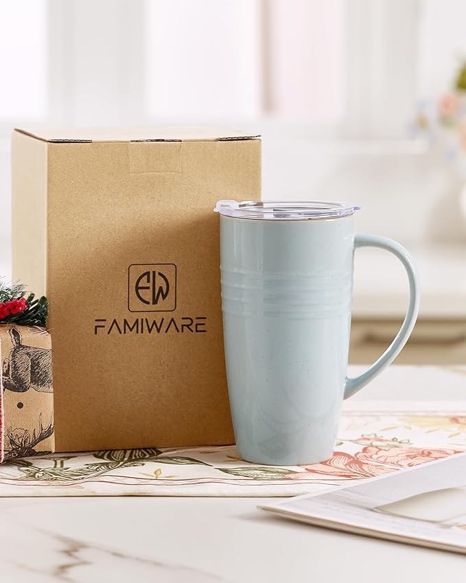 famiware Jupiter Large Coffee Mug, 20oz Coffee Mug with Lid, Ceramic Mugs Set of 2, Cup Set with Handle for Latte, Tea, Cocoa, Milk, Home & Office, Microwave and Dishwasher Safe, Light Blue