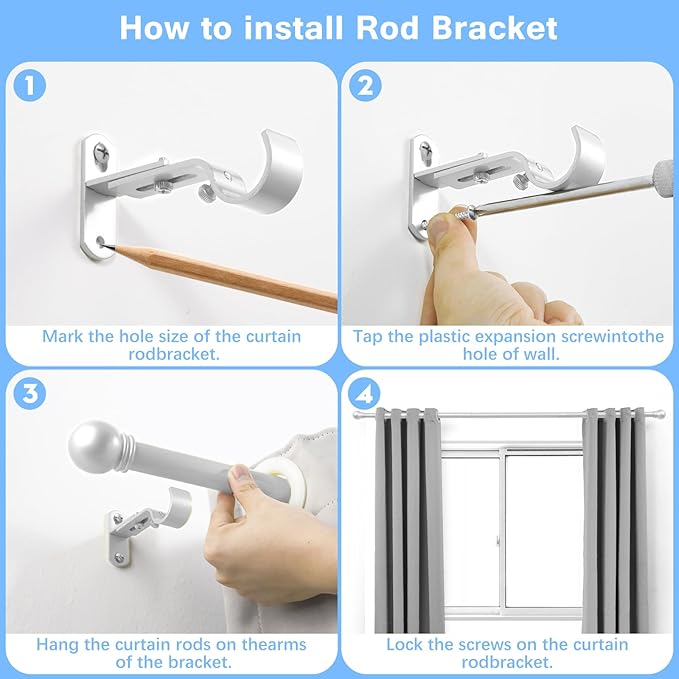 Curtain Rods for Windows 16 to 76 Inches, Curtain Rod Max Adjustable Length of 88 IN, 1" Diameter Drapery Rods Round Finials, Satin Silver, Pack of 1
