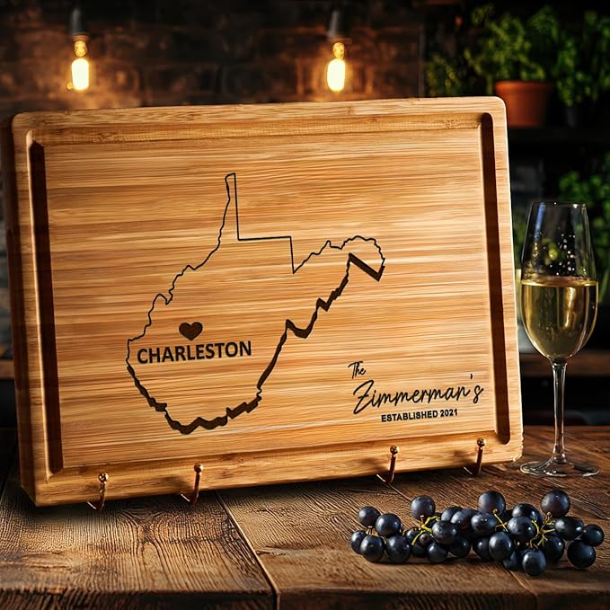 Destination Cutting Board Personalized West Virginia, Wooden States Boards, State Shaped WV Home Decor, Wood Destination Moving Away Gifts for Family