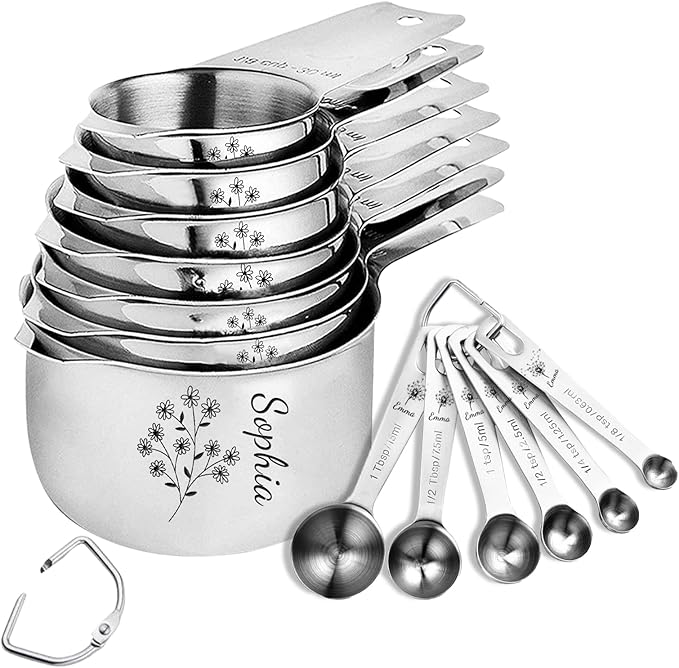 Personalized Stainless Steel Measuring Cups & Spoons Set, Custom Kitchen Tools with Wildflower & Name, Mothers's Day Gifts For Mom, for Cooking & Baking