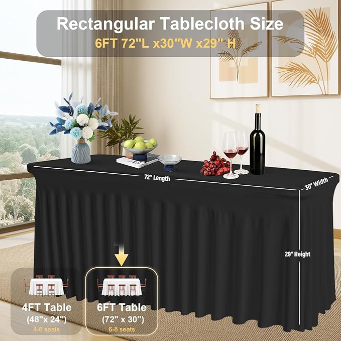 2 Pack Black Rectangle Tablecloths, Washable Stretch Fitted Spandex Table Covers for 6FT Tables, Wrinkle-Free & Reusable Table Cloths,Ideal for Parties, Banquets, Wedding, Buffet,Events