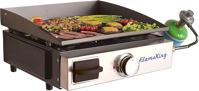 Flame King Flat Top Portable Propane Cast Iron Grill Griddle Tabletop for Outdoor Camping, Tailgating, Outdoor Cooking