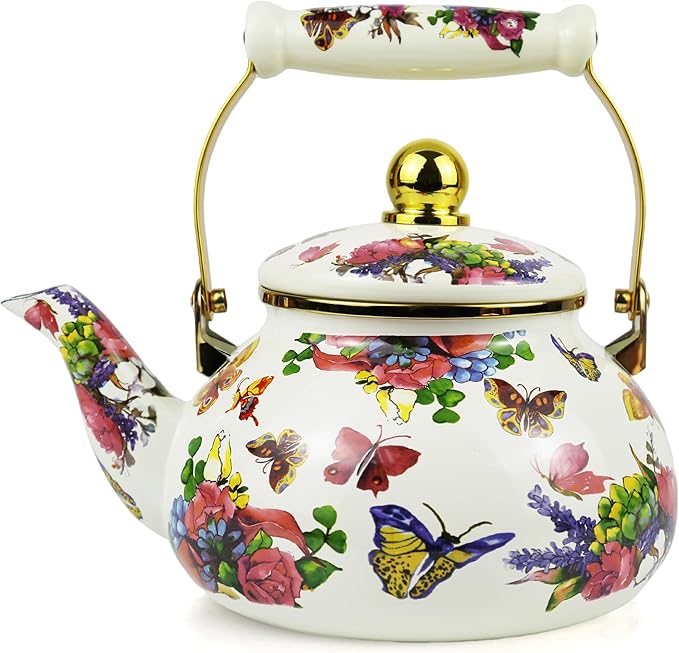 2.5L Vintage Enamel Tea Kettle, Butterfly Floral Stovetop Teapot with Porcelain Handle, Enamel Kettle for Home/Camping/Tea Party, Ideal Christmas/Housewarming Gift