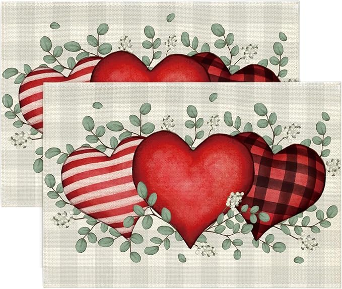 Artoid Mode Buffalo Plaid Eucalyptus Hearts Valentine Placemats Set of 2, 12x18 Inch Anniversary Wedding Table Mats for Party Kitchen Dining